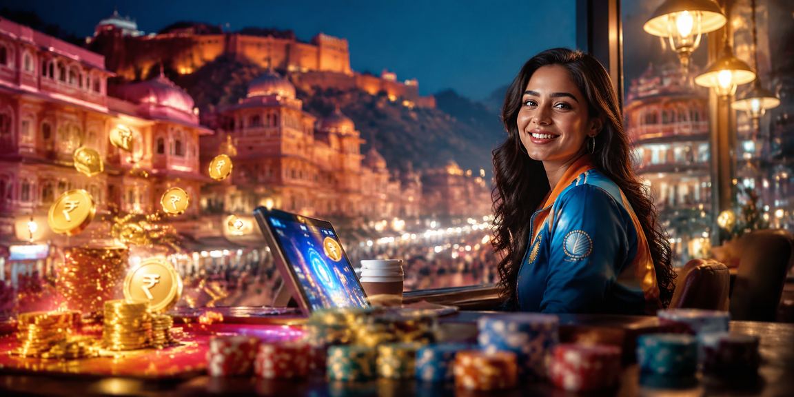 Players enjoying card game Teen Patti at Jaipur with cricket and rupee theme